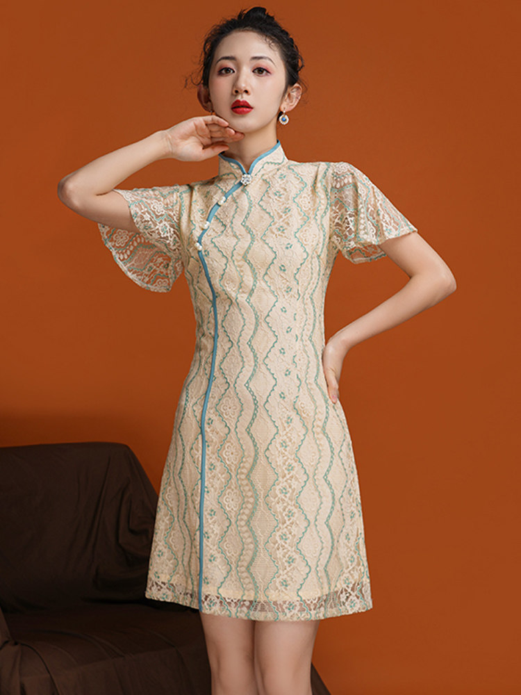 新式改良旗袍年轻款少女复古中国风小个子短款蕾丝连衣裙夏季新款