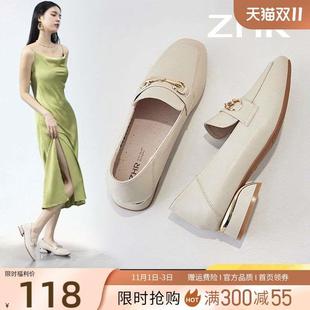 ZHR女鞋2024新款春秋单鞋女粗跟英伦风皮鞋一脚蹬夏季乐福鞋女款