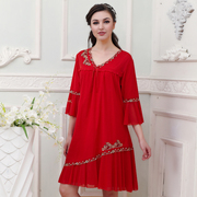 Red nightdress women's spring and autumn pure cotton mother large size autumn pajamas natal dress mid-length wedding home service