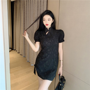 Actual shooting of new women's Summer Short Black Retro small man fashion improved young cheongsam dress