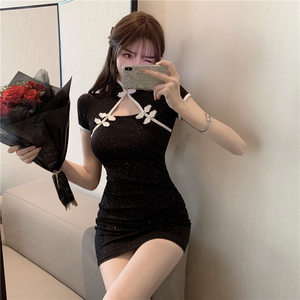 Real shooting of summer Retro Black bright gold plate buckle hollow Slim Fit Sexy improved short sleeve cheongsam dress