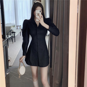 Real shot French retro temperament Lapel single row button crimp waist slim long sleeve shirt dress women