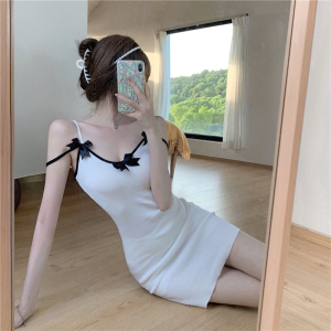 Real shooting sexy bow suspender short skirt spring and summer new French retro inner bottom dress