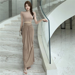 Real shooting elegant goddess temperament fashionable sexy front convex back warped irregular long skirt two-piece summe