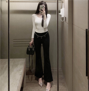 Real shooting V-neck bottomed Knitted Top + high waist chain split trousers slim fit micro horn Wide Leg Pants Set