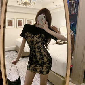 Real shooting retro lace stitching design feeling fake two-piece dress temperament close waist show thin wrap hip skirt