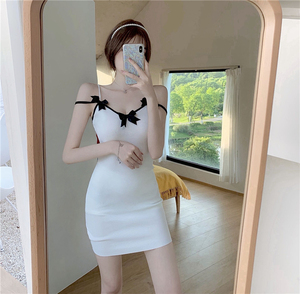 Real shooting sexy bow suspender short skirt spring and summer new French retro inner bottom dress