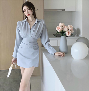 Real shooting shirt skirt dress women's French minority closed waist shows thin irregular blue temperament long sleeved 