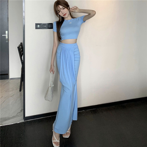 Real shooting elegant goddess temperament fashionable sexy front convex back warped irregular long skirt two-piece summe