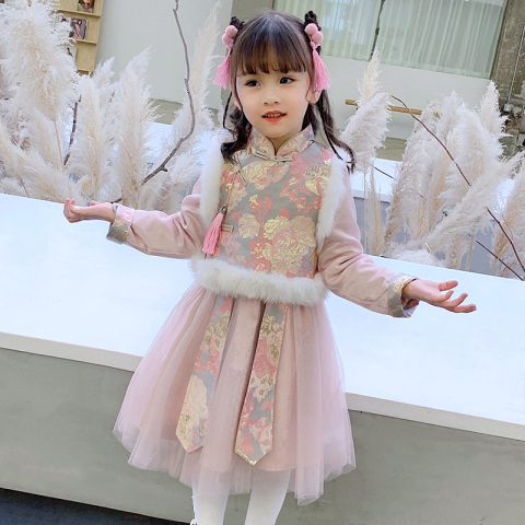 汉服女童唐装2019冬古装儿童过年童装中国风拜年服旗袍连衣裙套装