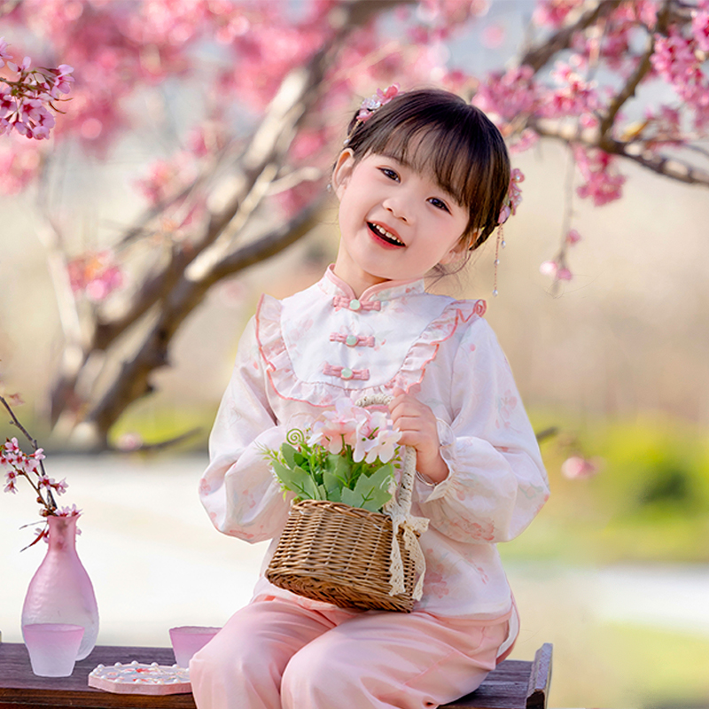 萌乎汉服女童春秋款小女孩中国风唐装裤子套装古风童装新中式春装