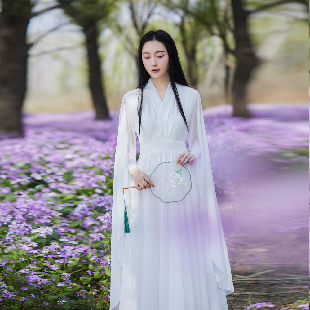 改良汉服中国风女装古风白色仙女裙汉元素中式交领飘逸连衣裙长袖