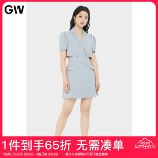 GW大码女装镂空西装领连衣裙2024夏季新款胖mm遮肉显瘦连衣裙女