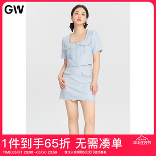 GW大码女装名媛小香风短款套装2024夏季新款微胖mm高腰显瘦上衣女
