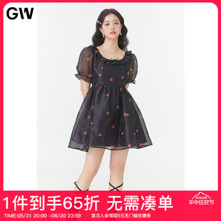 GW大码女装泡泡袖圆领网纱碎花连衣裙2024夏季新款微胖mm高腰显瘦