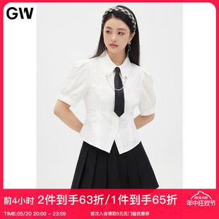 GW大码女装学院风领带白色衬衫2024夏新款微胖mm显瘦气质百搭衬衣