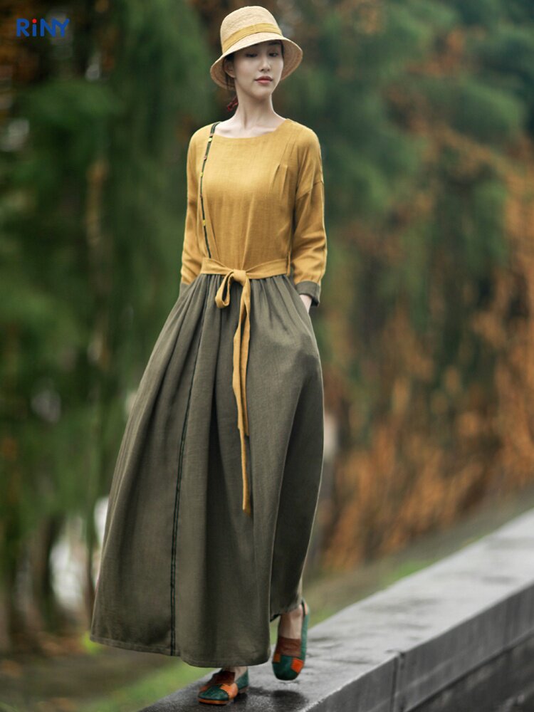 棉麻素雅连衣裙女2022春秋新品高端女装中国风文艺收腰显瘦长裙子
