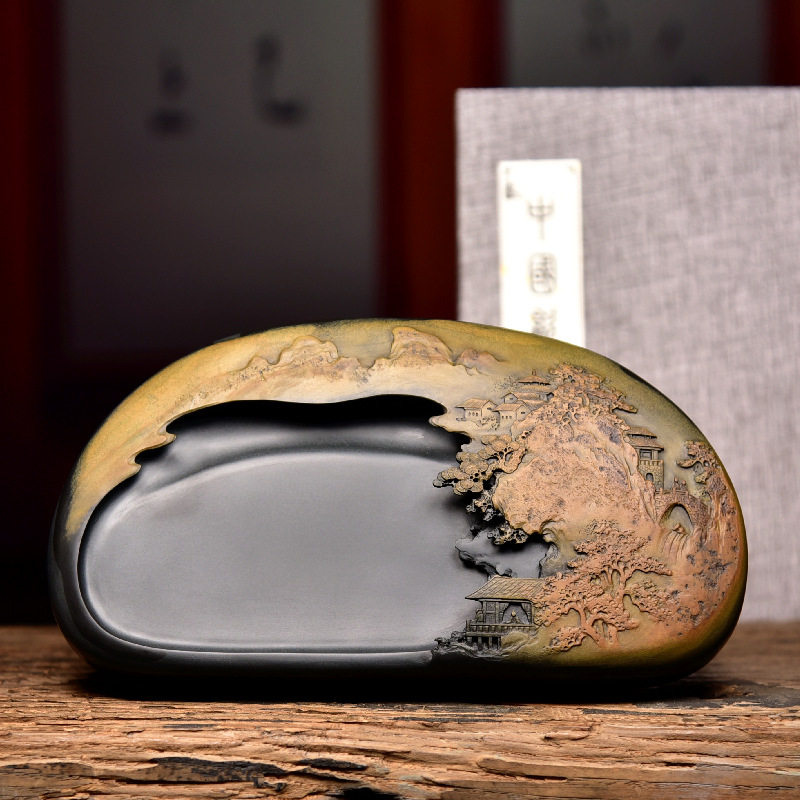 国家非物质文化遗产歙砚大师吴荣泉作品手工立体雕刻老坑金晕籽料