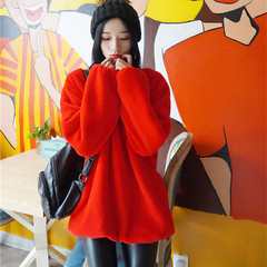 韩国秋冬新款卫衣女装大红色中长款上衣獭兔毛卫衣仿皮草毛毛外套