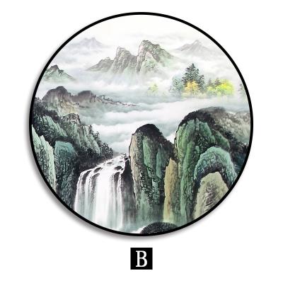 新中式装饰画风景聚宝盆山水画客厅风水玄关走廊山水瀑布圆形挂画
