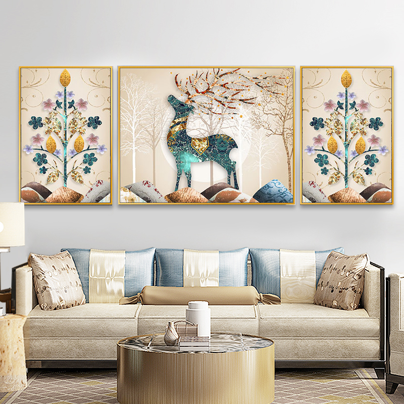 北欧客厅招财风水麋发财鹿寓意现代简约挂画沙发背景墙壁画三联画