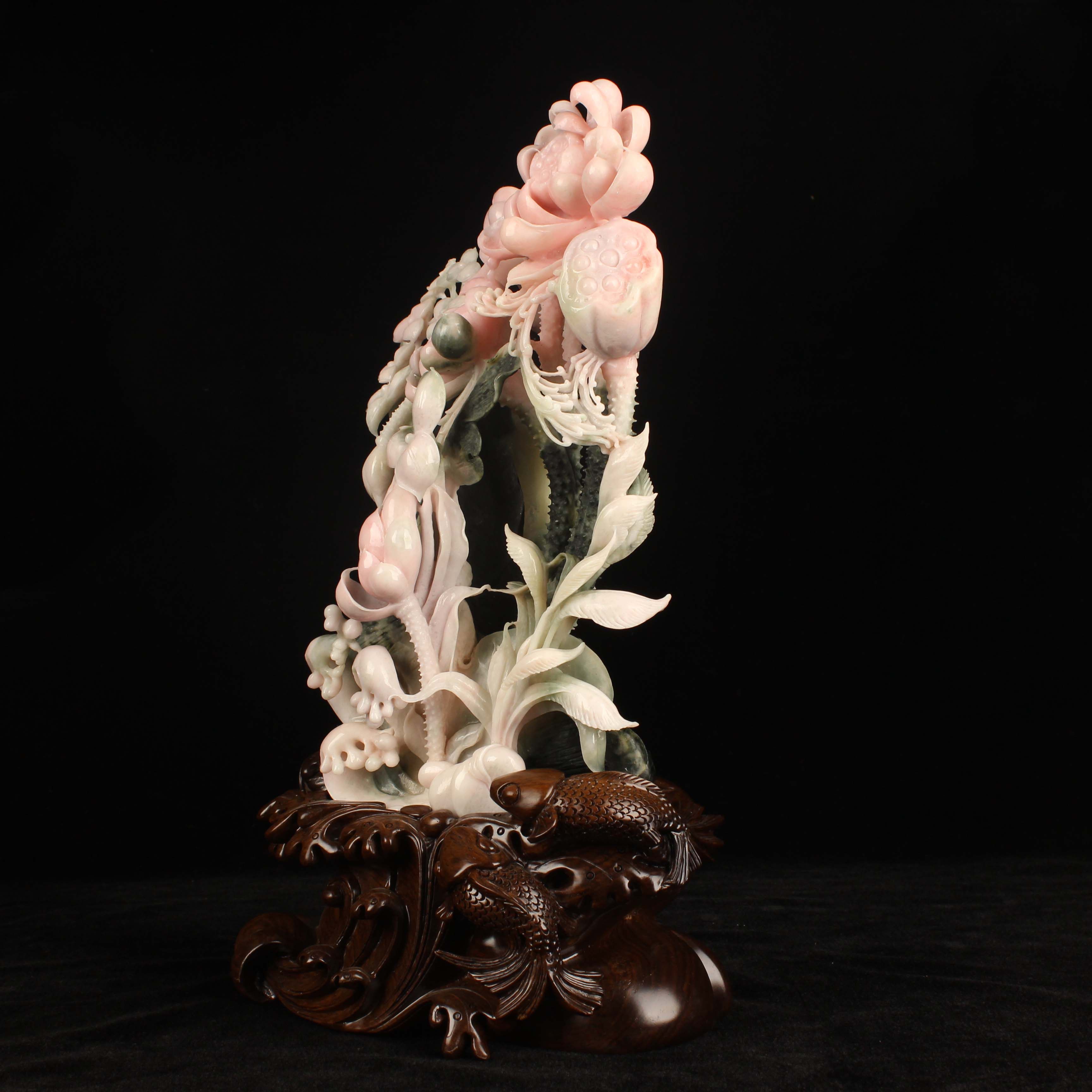 镇平玉雕馆 映日荷花别样红摆件 2360g