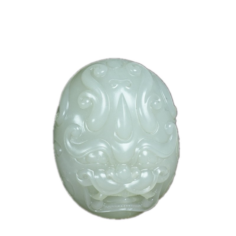 镇平玉雕馆 和田白玉兽面挂件 74.26g