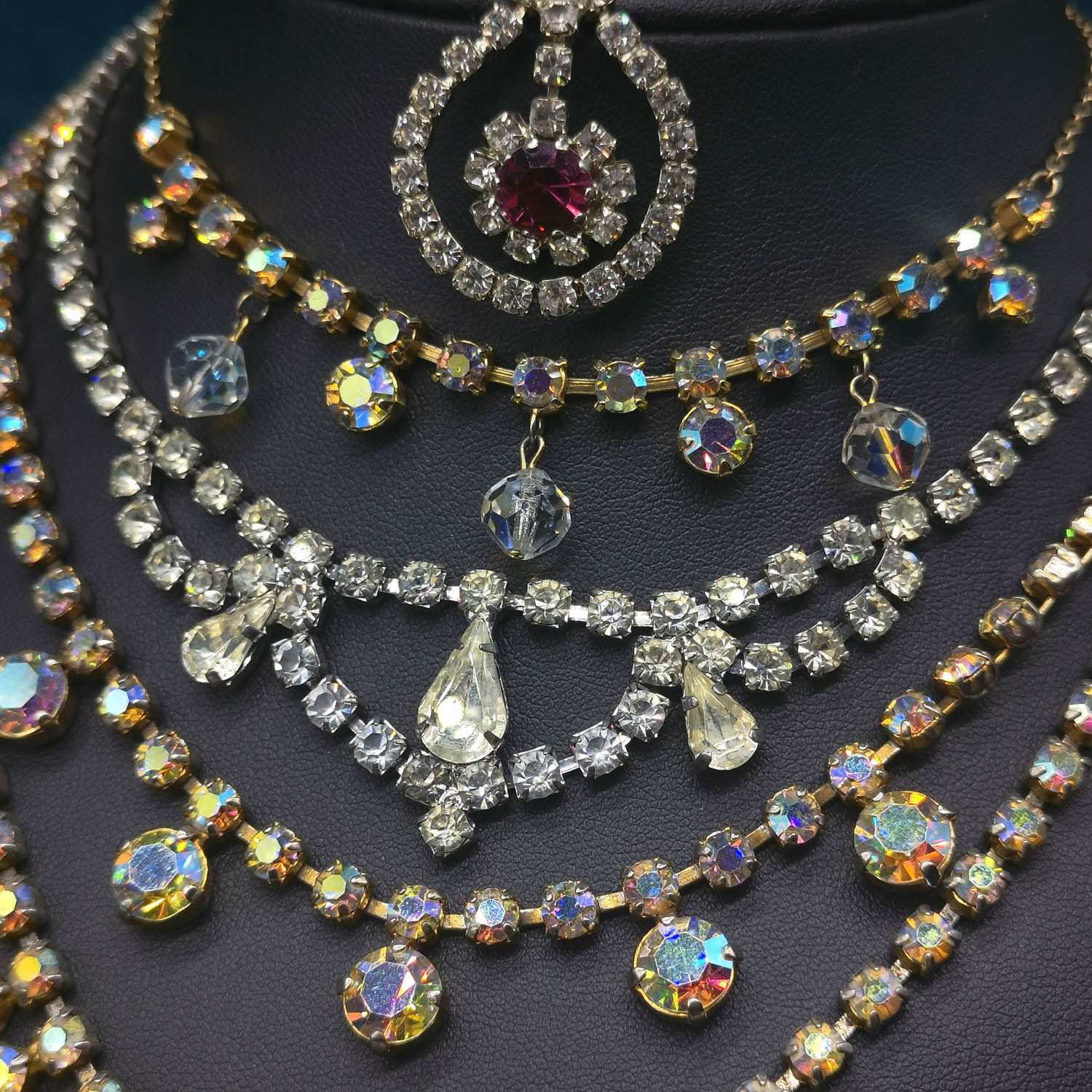 中古首饰vintage复古唐顿西洋古董海外莱茵石宴会闪亮水晶项链