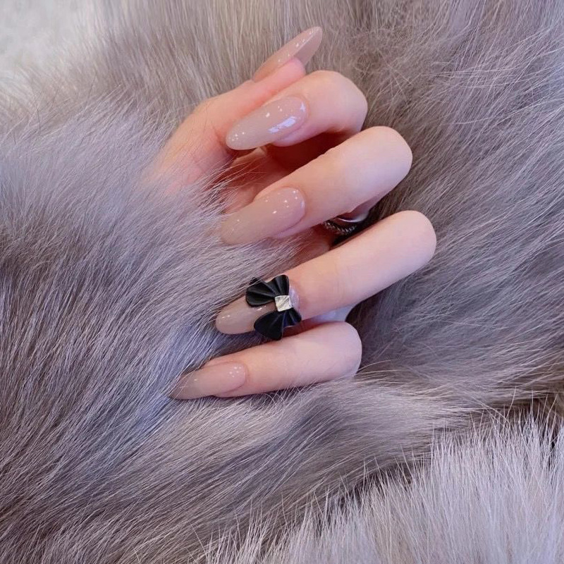 肉粉色美甲长圆头指甲贴片气质穿戴甲蝴蝶结甲片成品无痕全贴甲片