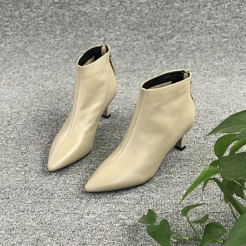 欧洲站淑吟女鞋2020秋冬新款真皮单靴后拉链细高跟尖头瘦瘦靴短靴