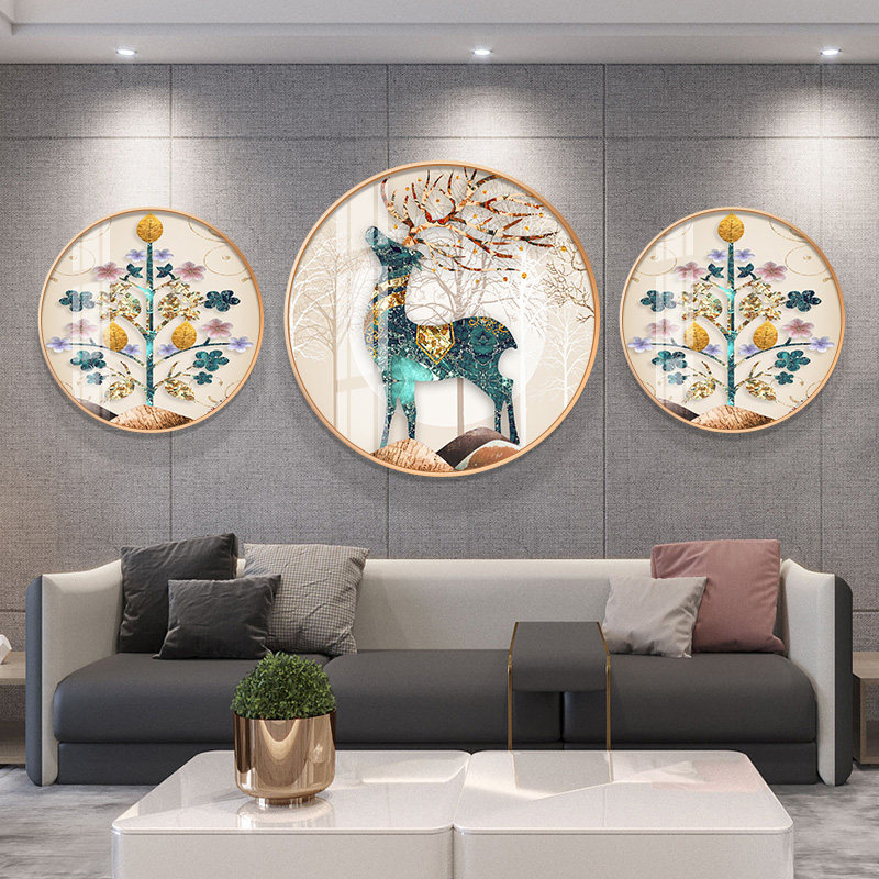 轻奢客厅装饰画新中式圆形创意沙发背景墙壁画大气金鹿三联画挂画