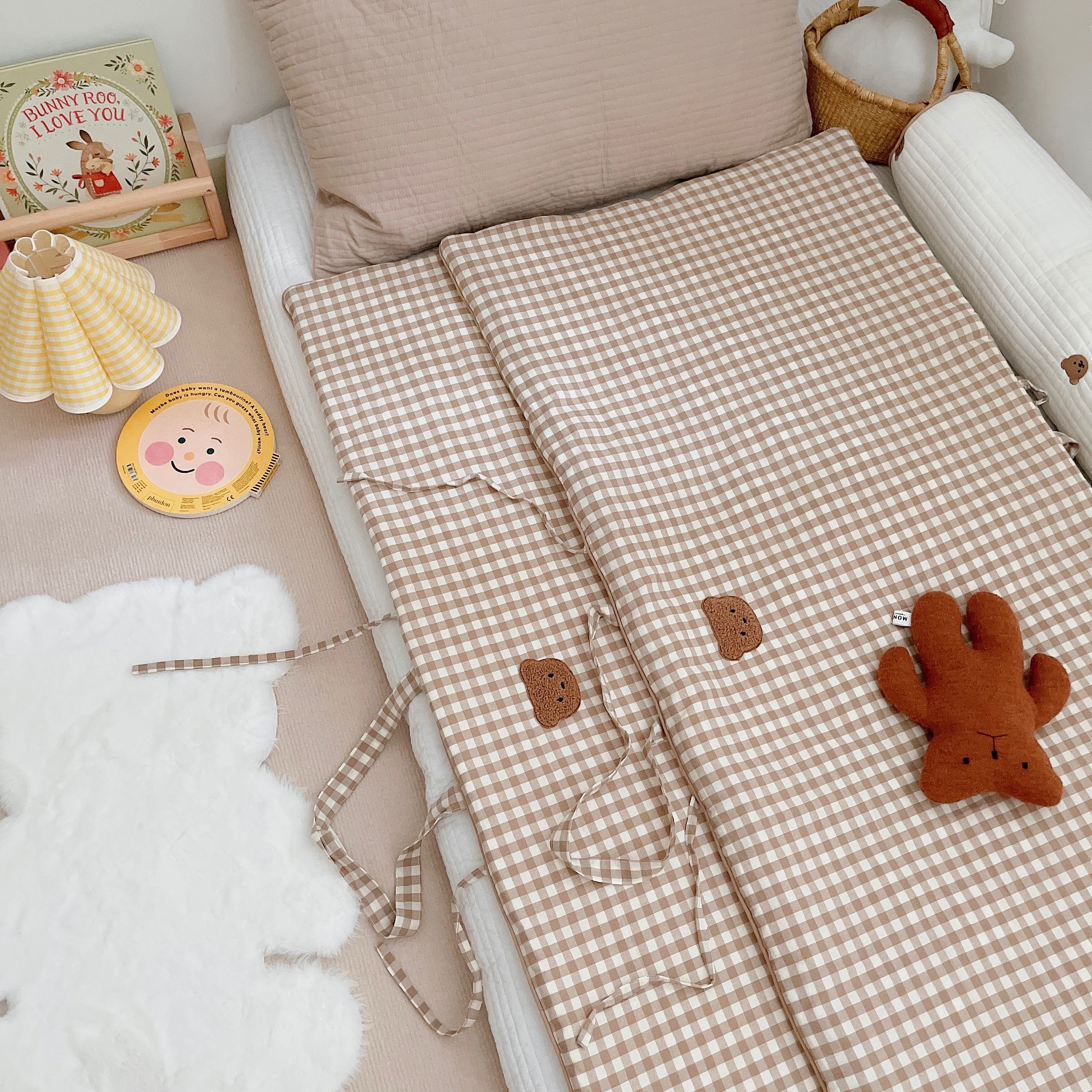 手提床垫|韩式ins幼儿园纯棉格子床垫抗菌抗瞒午睡便携带式可机洗