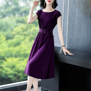 高档紫色高端气质连衣裙2024新款夏妈妈醋酸缎面奢华大牌裙子纯色