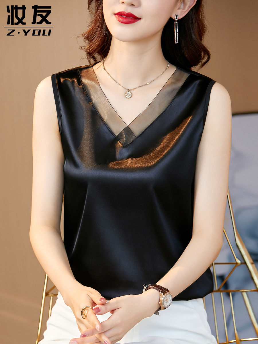 真丝吊带女黑色小背心西装内搭大码无袖外穿西服打底上衣打底衫