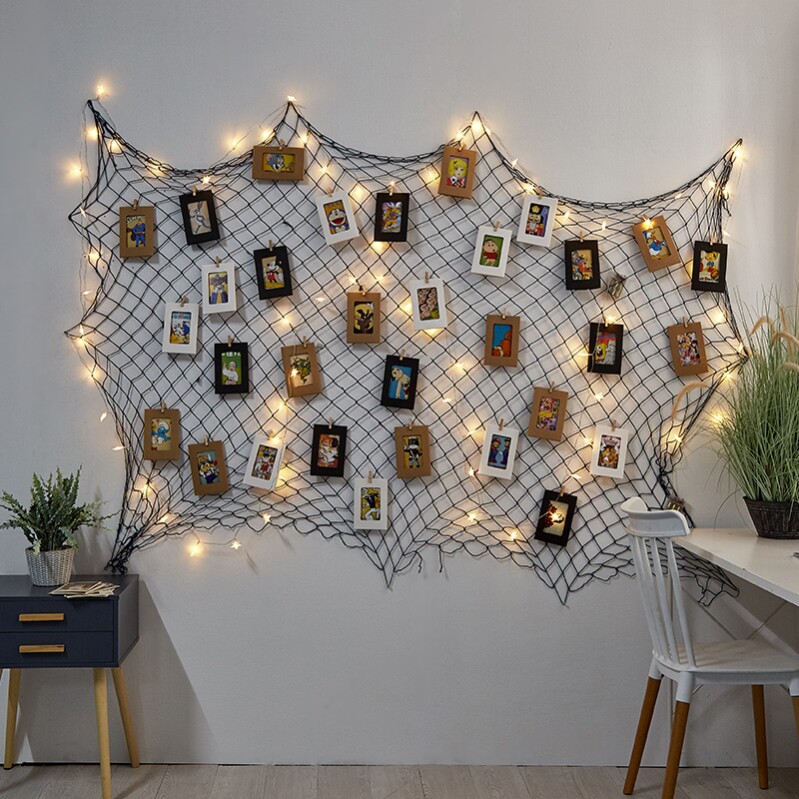 挂网格 墙壁 麻绳_创意网格照片相片墙装饰麻绳夹子挂网房间墙壁挂饰