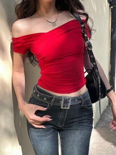 美式复古甜辣妹红色短袖T恤女ins春夏季修身内搭收腰短款露脐上衣