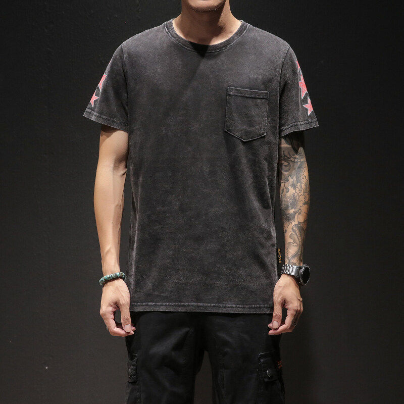 日系美式复古做旧短袖青年潮男风圆领休闲抗菌夏季t恤硬汉高质量