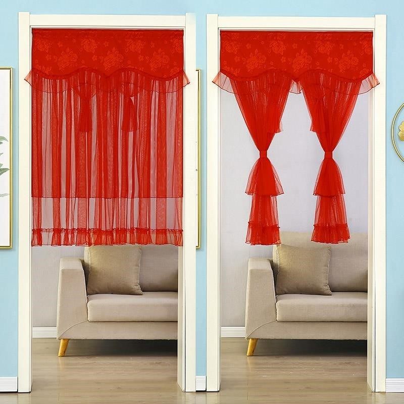 红色结婚门帘婚房门挂门卧室陪嫁农村装饰挂帘纱防蚊免打孔半帘