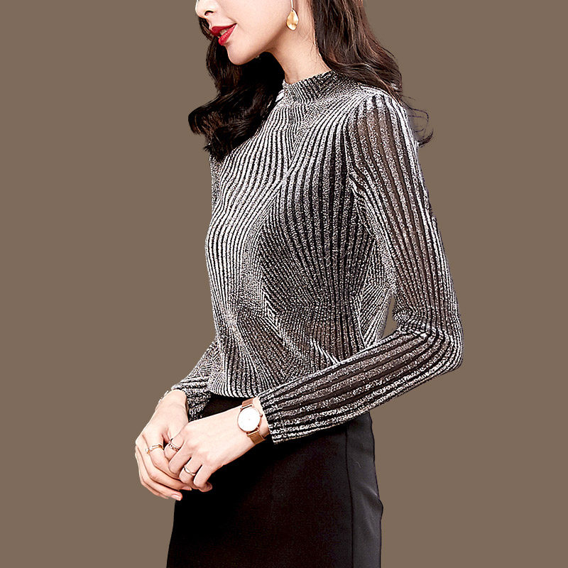 网纱真丝上衣女2021秋季新款时尚显瘦妈妈长袖洋气百搭中年打底衫