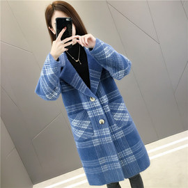 中长款仿水貂绒格子外套女2019秋冬装新款毛衣宽松针织衫开衫大衣