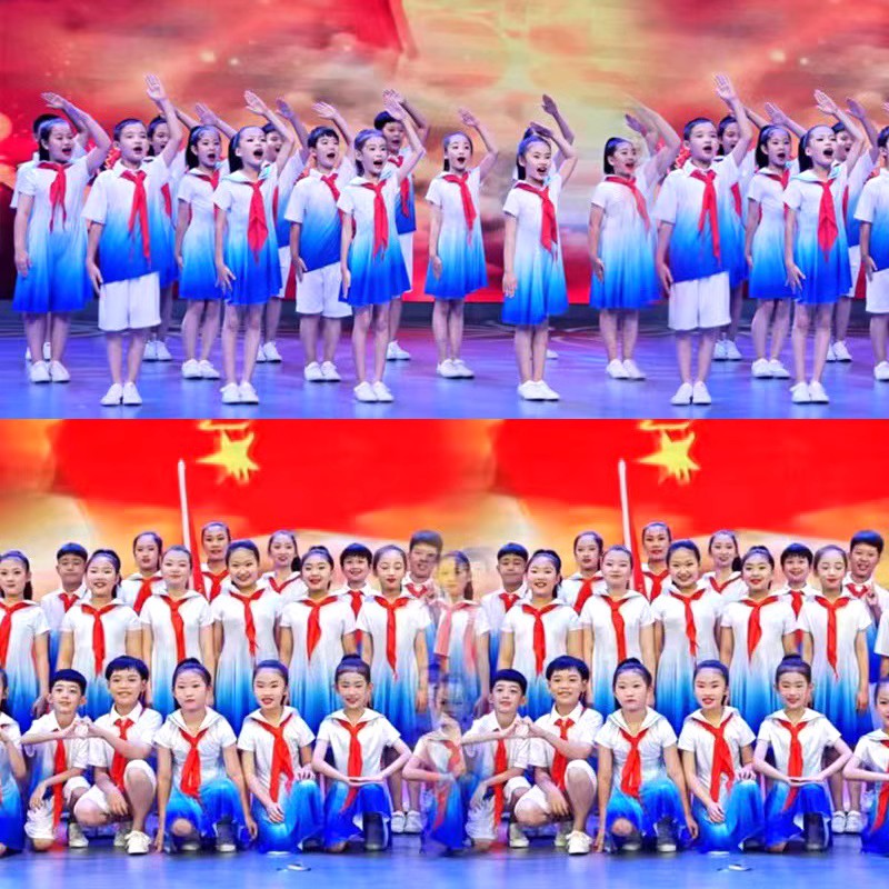 儿童红领巾大合唱演出服中小学生童心向党诗歌朗诵蓝色舞蹈表演服
