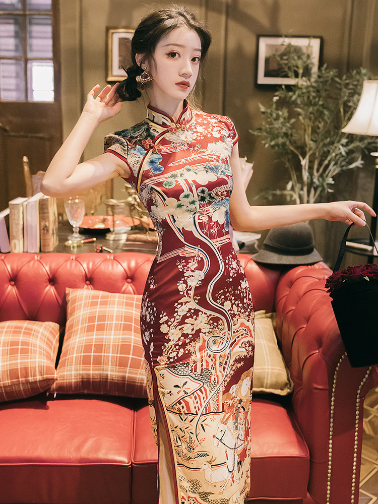 2021年新款高端名媛旗袍女上海中国风复古民国气质长款改良年轻款