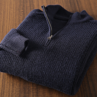 立领半开拉链设计 外贸工厂尾货加厚羊毛混纺套头纯色毛衣针织衫