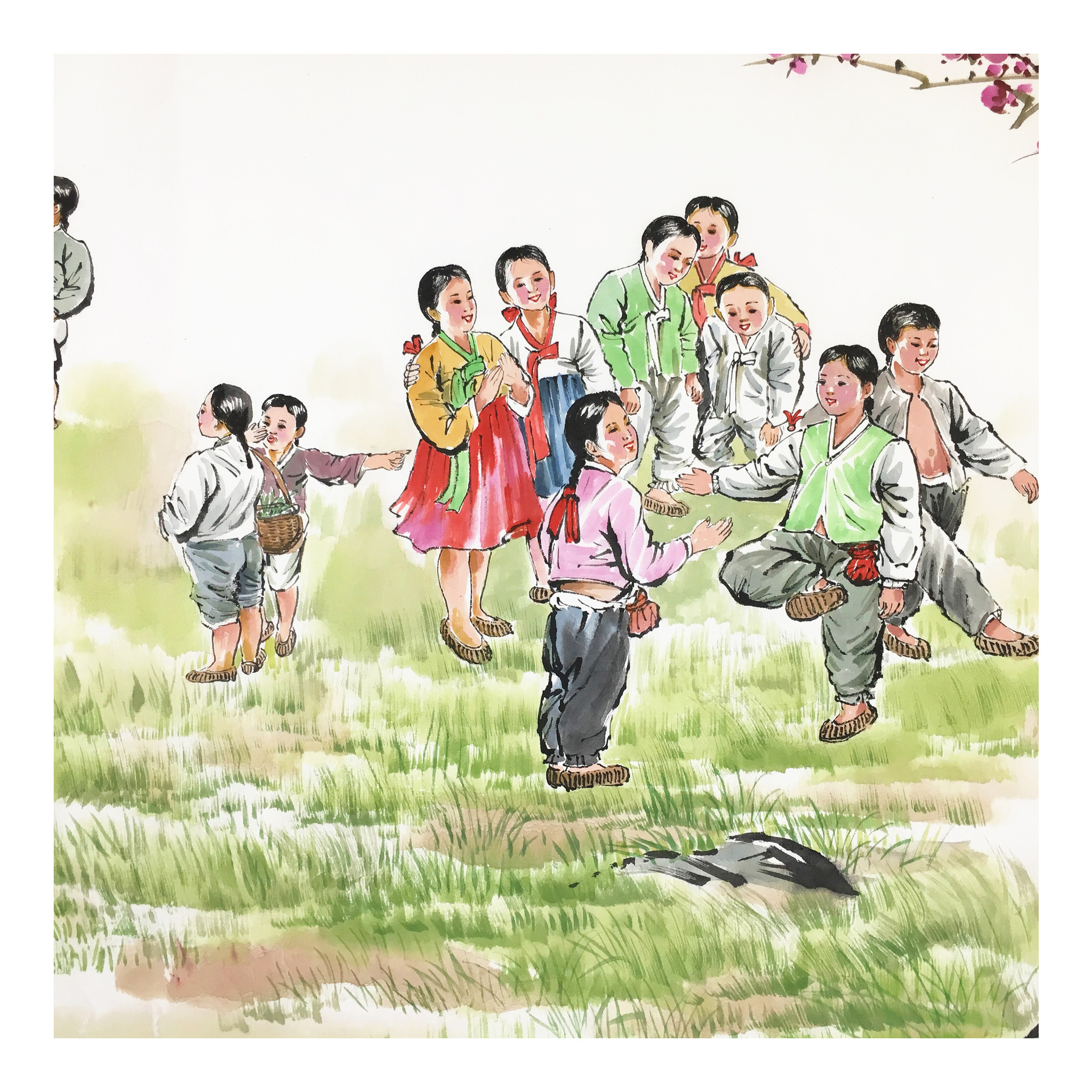 (朝鲜)经典民俗画 成植《踢毽子》平壤美术大学 星朝画廊