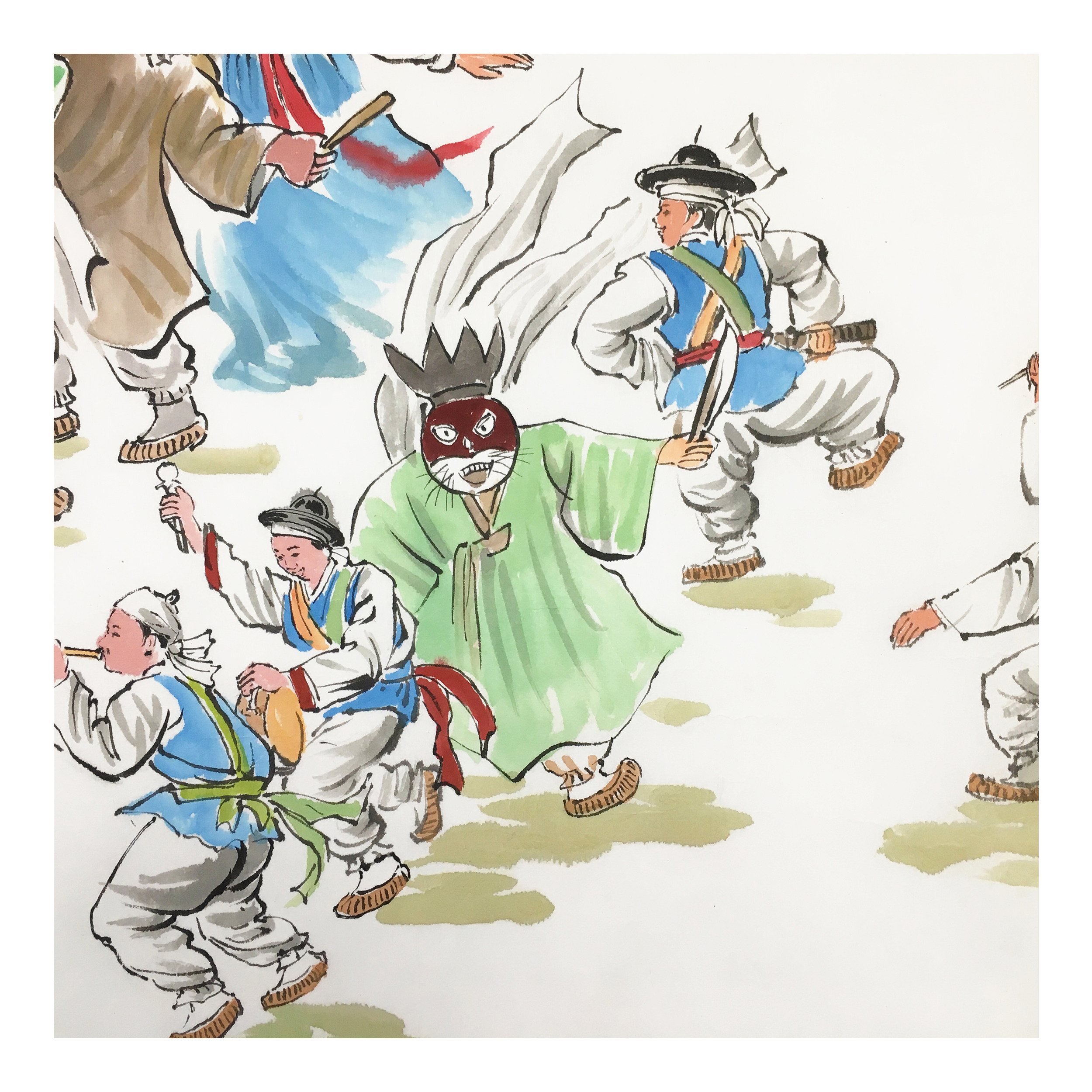 (朝鲜)经典民俗画 成植《假面舞》平壤美术大学 星朝画廊