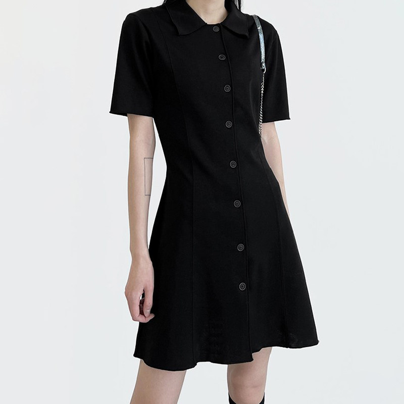 weekeep 通勤百搭休闲排扣黑色衬衫裙知性学院收腰显瘦短袖连衣裙