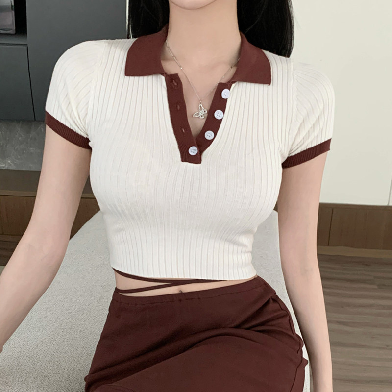 weekeep少女感撞色polo领紧身短袖t恤夏季百搭露腰性感显瘦上衣