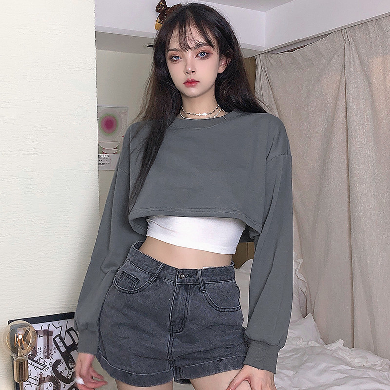 weekeep春秋纯色百搭宽松短款卫衣女高腰露脐运动休闲上衣秋冬潮