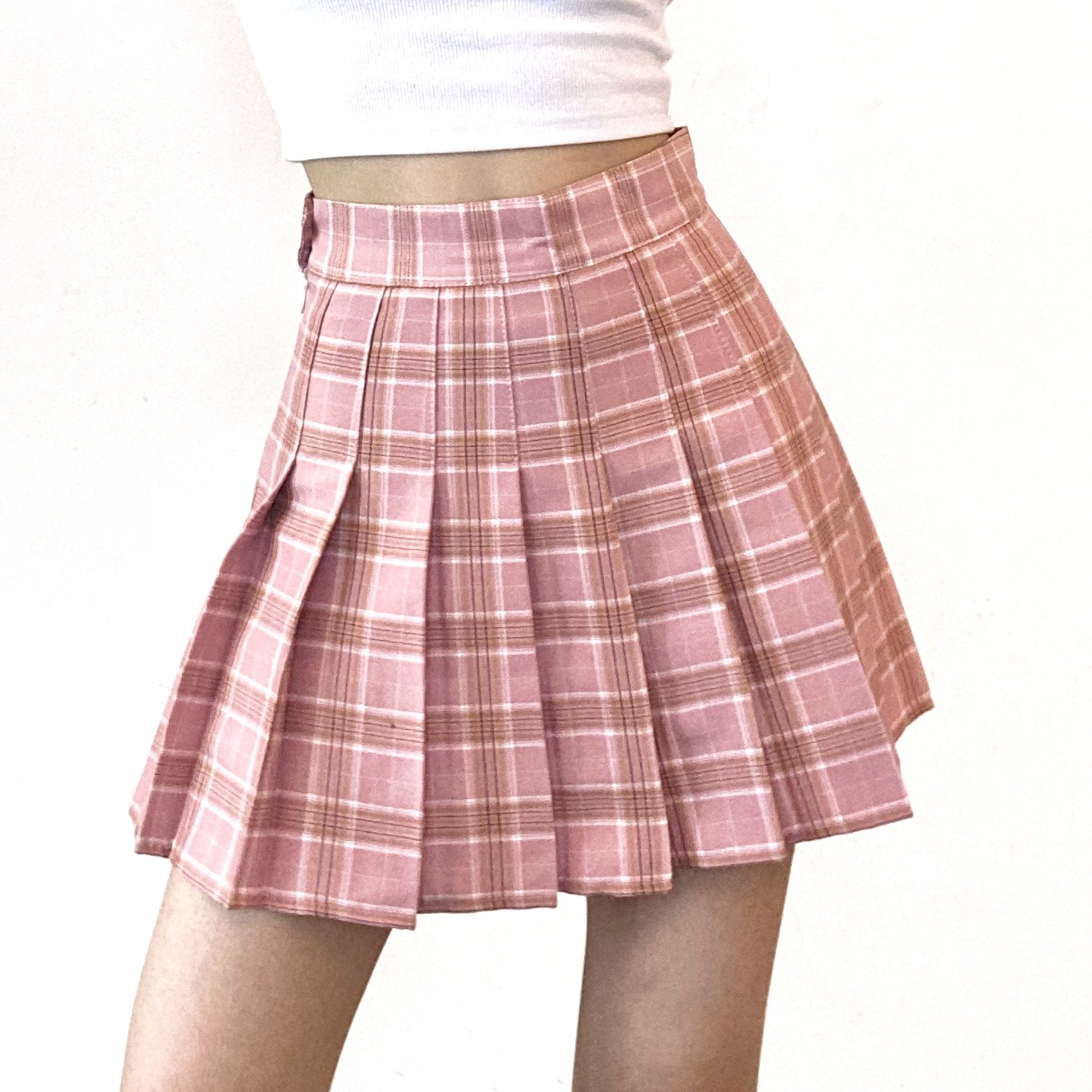 weekeep粉色复古格子学院风百褶裙女ins高腰百搭显瘦a字短裙夏潮