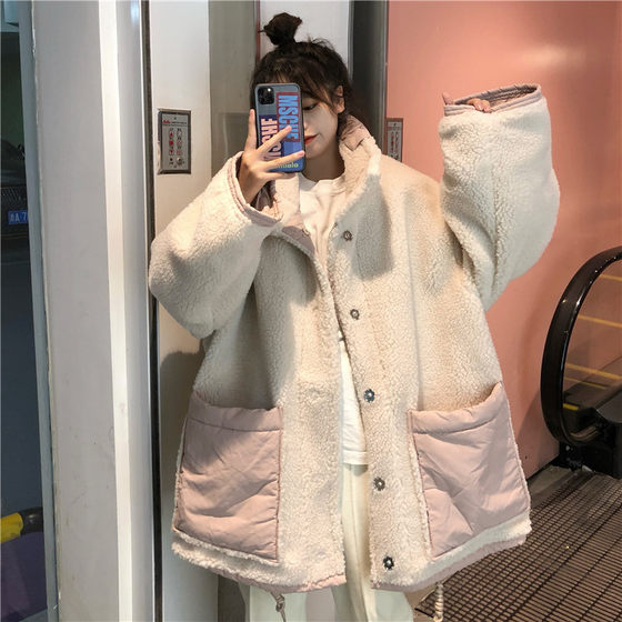 Autumn And Winter Korean Version Ins Loose Large Fat Mm200kg Imitation Lamb Wool Splicing, Women Wearing Thickened Coat And Cotton Clothes On Both Sides Autumn And Winter Korean Version Ins Loose Large Fat Mm200kg Imitation Lamb Wool Splicing, Women Wearing Thickened Coat And Cotton Clothes On Both Sides
